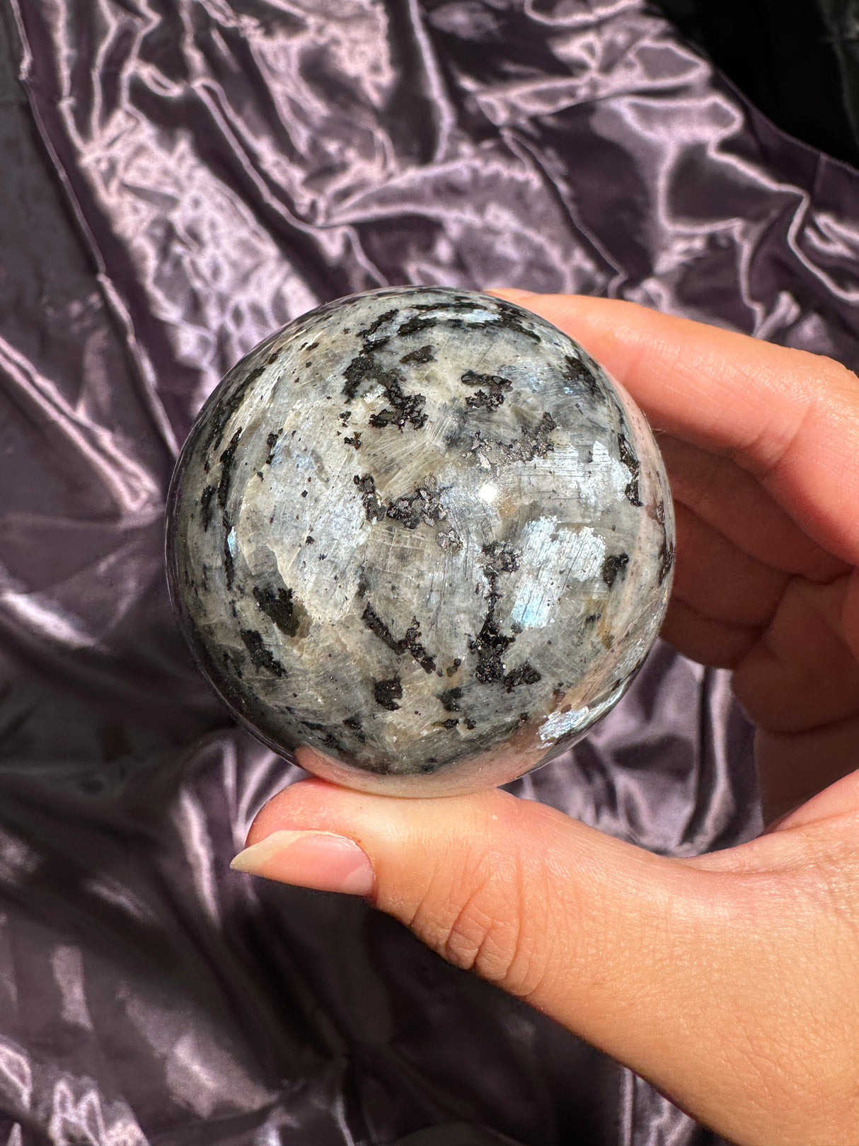 Icy Blue Flash Larvikite Sphere