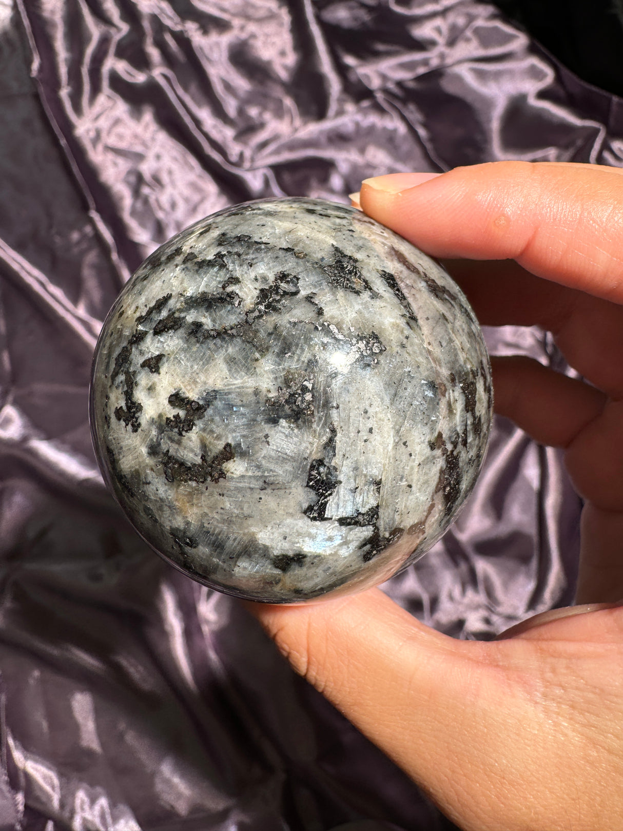 Icy Blue Flash Larvikite Sphere