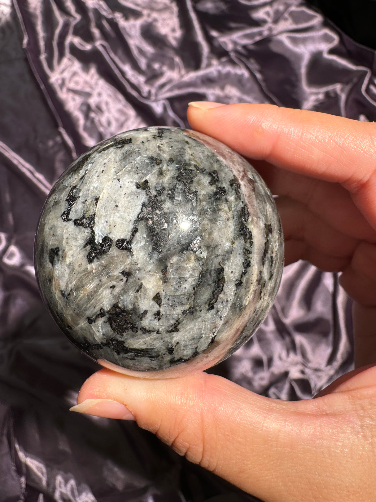 Icy Blue Flash Larvikite Sphere