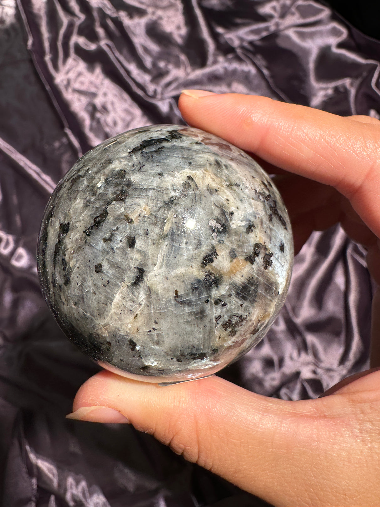 Icy Blue Flash Larvikite Sphere