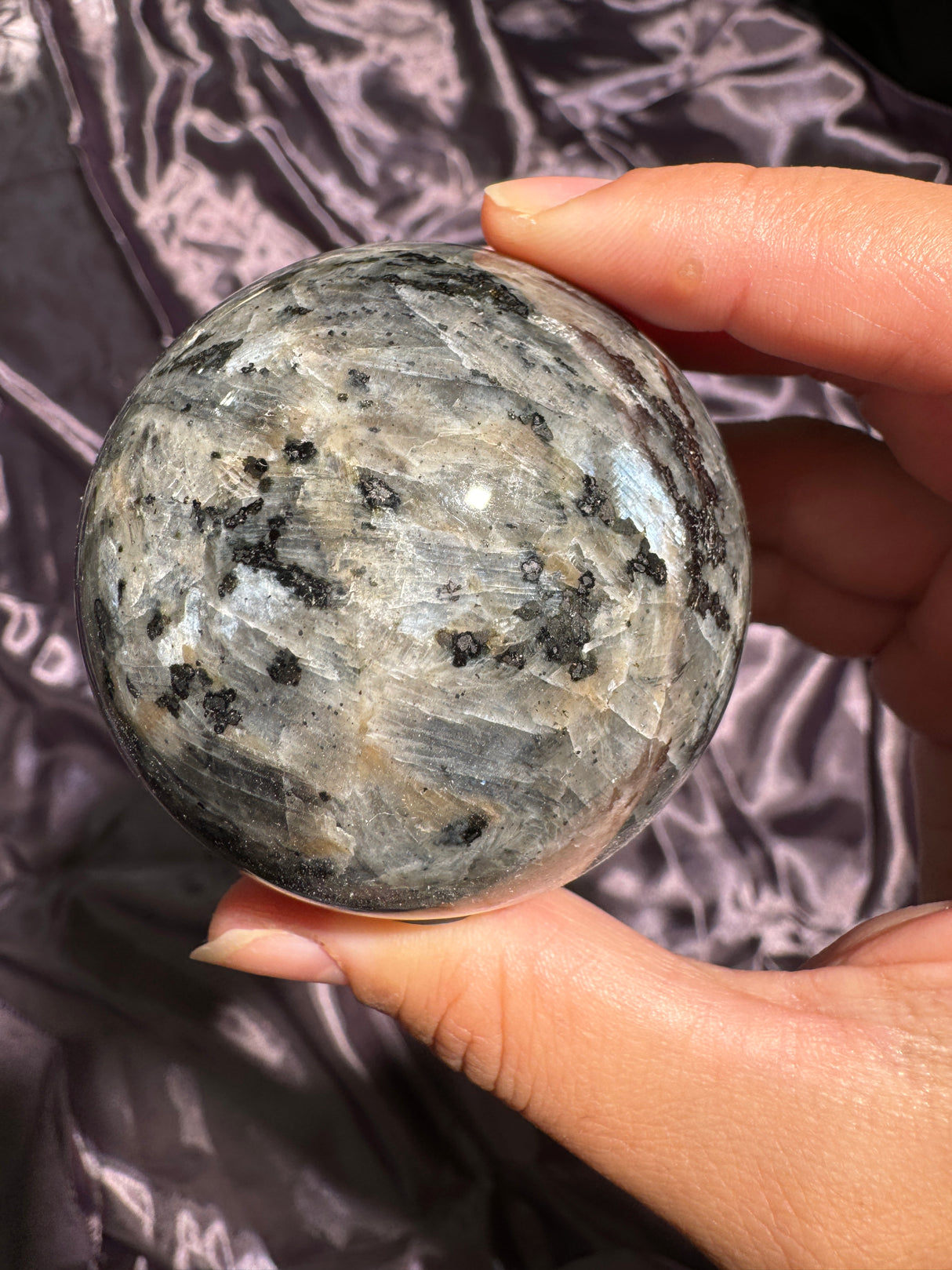 Icy Blue Flash Larvikite Sphere