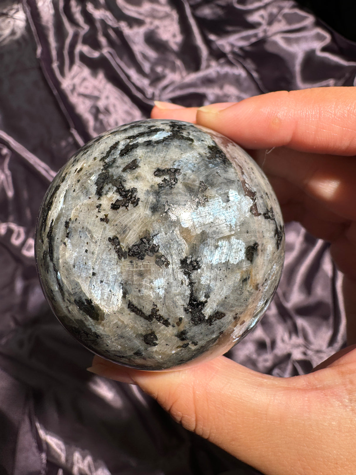 Icy Blue Flash Larvikite Sphere