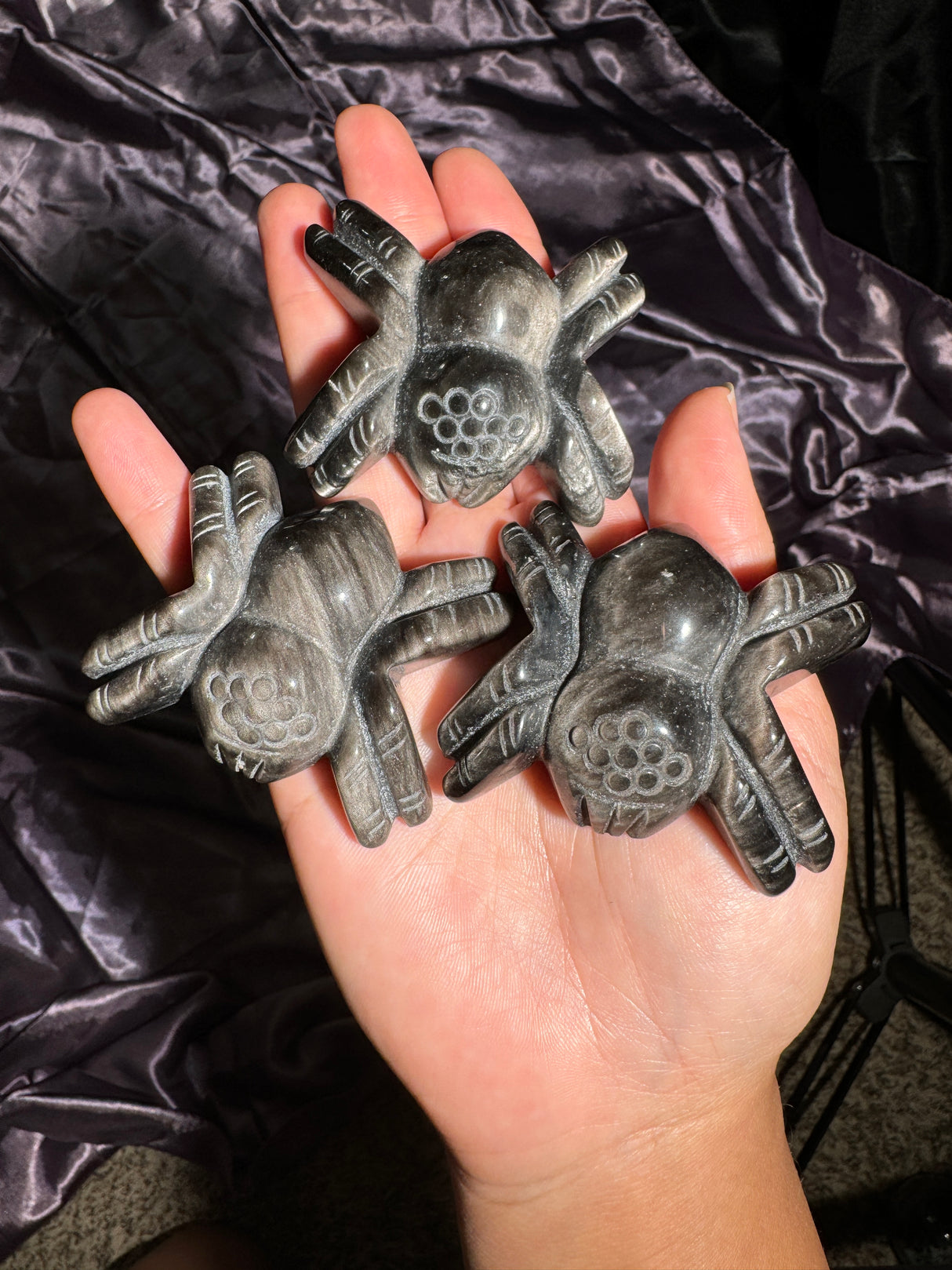 Silver Sheen Obsidian Spider Carving