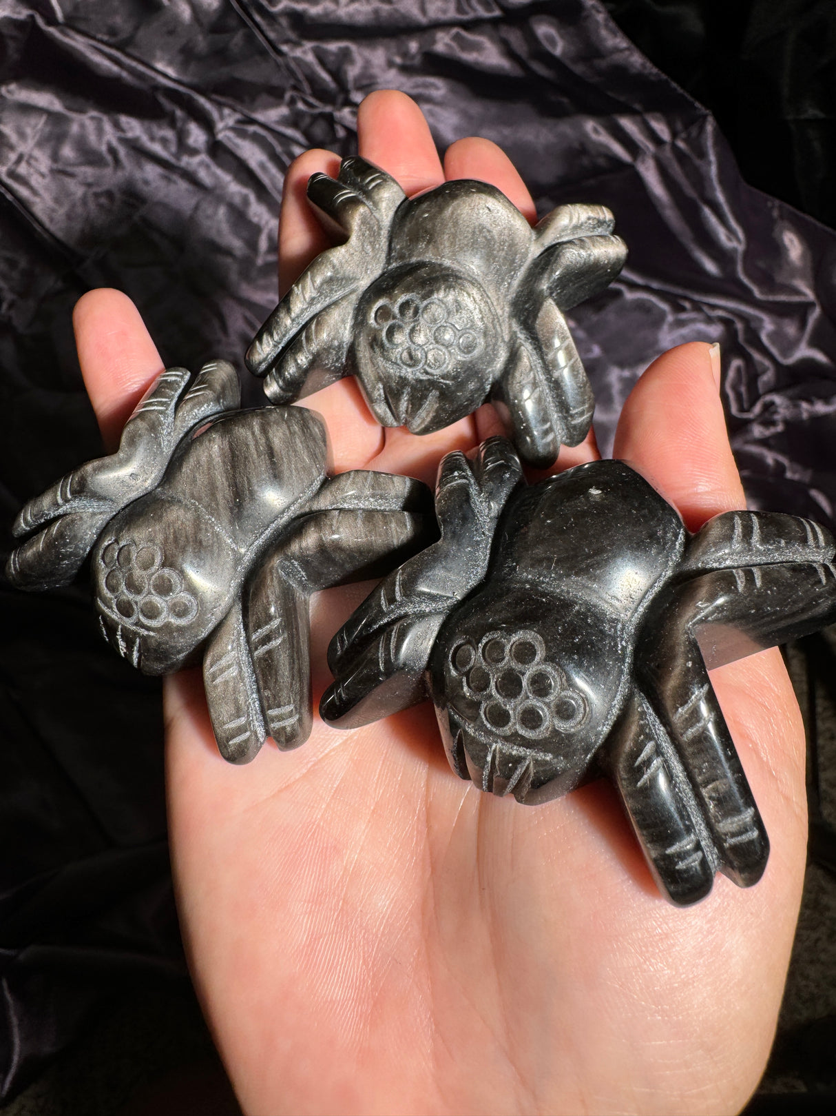 Silver Sheen Obsidian Spider Carving
