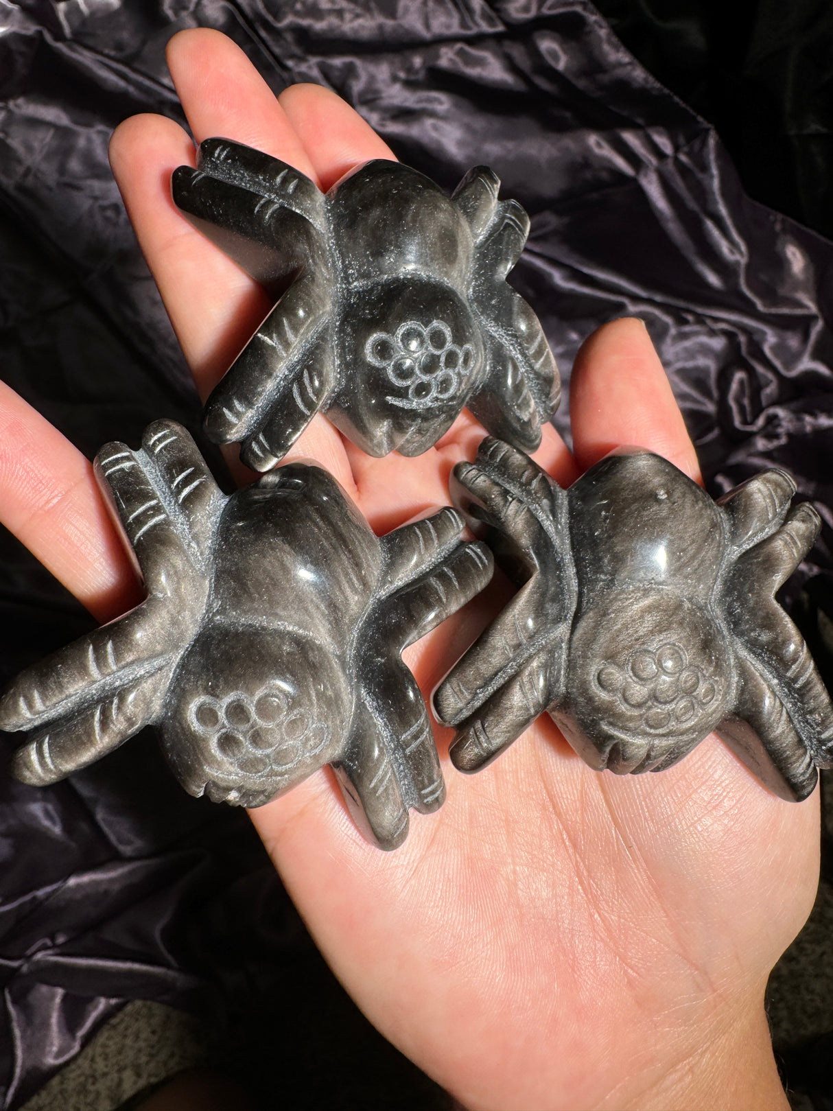 Silver Sheen Obsidian Spider Carving