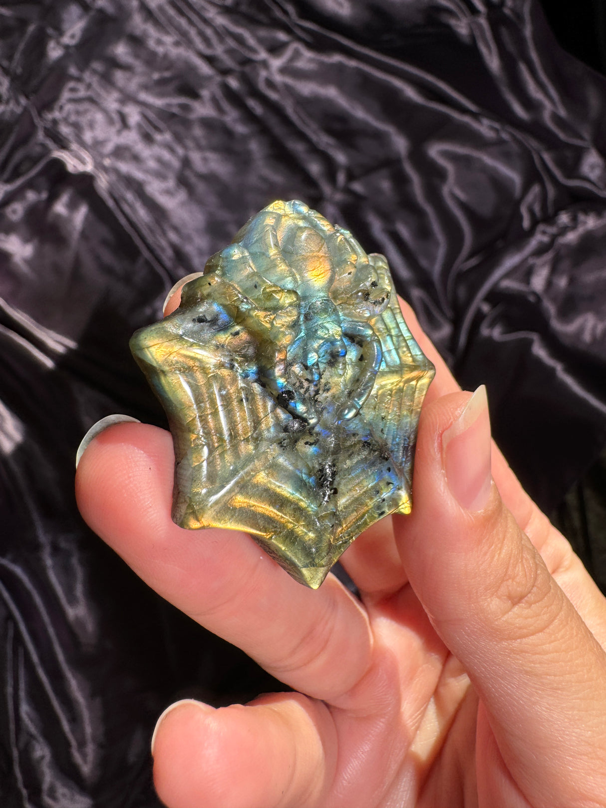 Flashy Labradorite Spider Web Carving