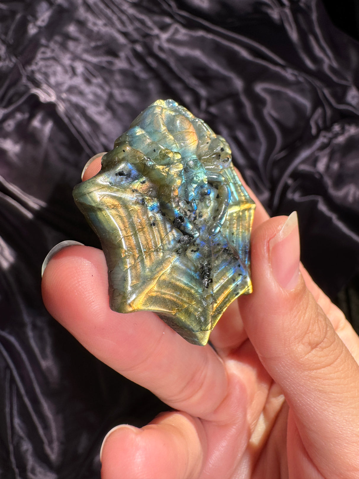 Flashy Labradorite Spider Web Carving