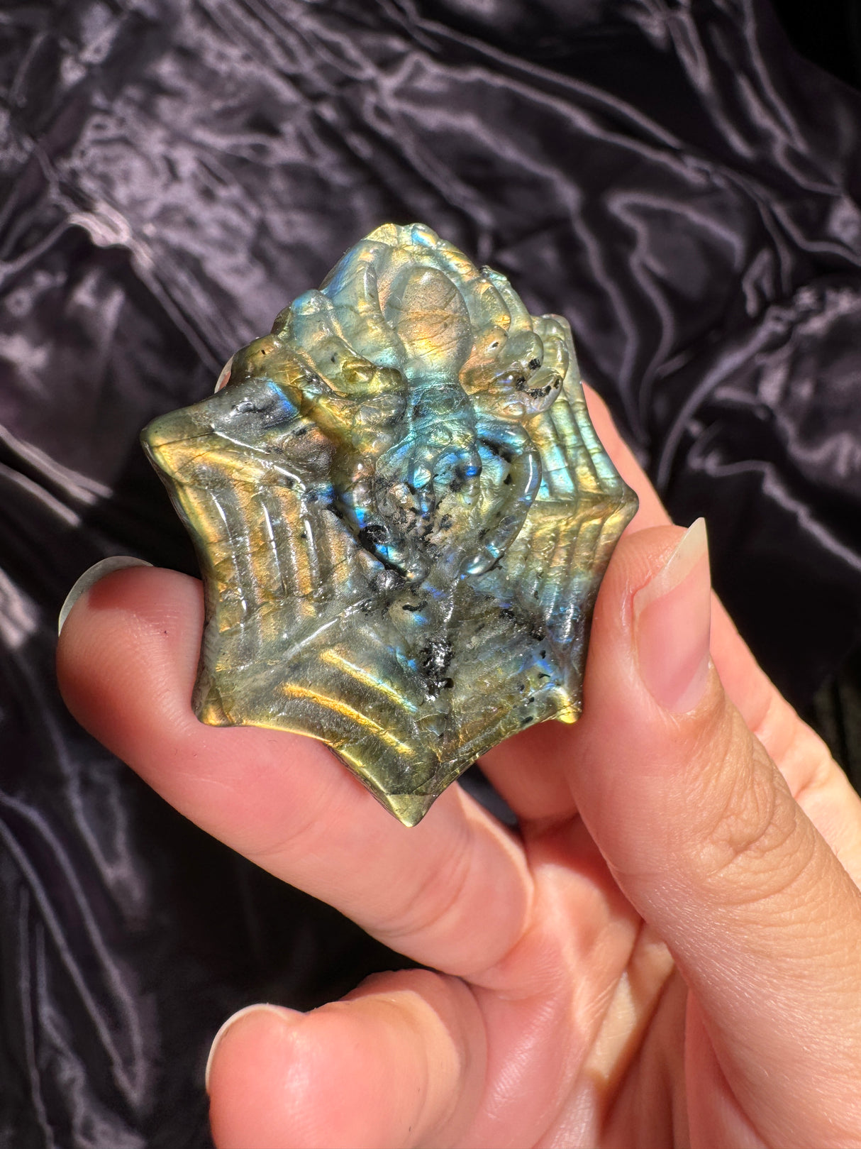 Flashy Labradorite Spider Web Carving