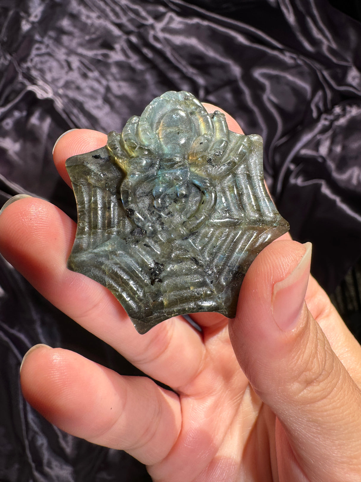 Flashy Labradorite Spider Web Carving
