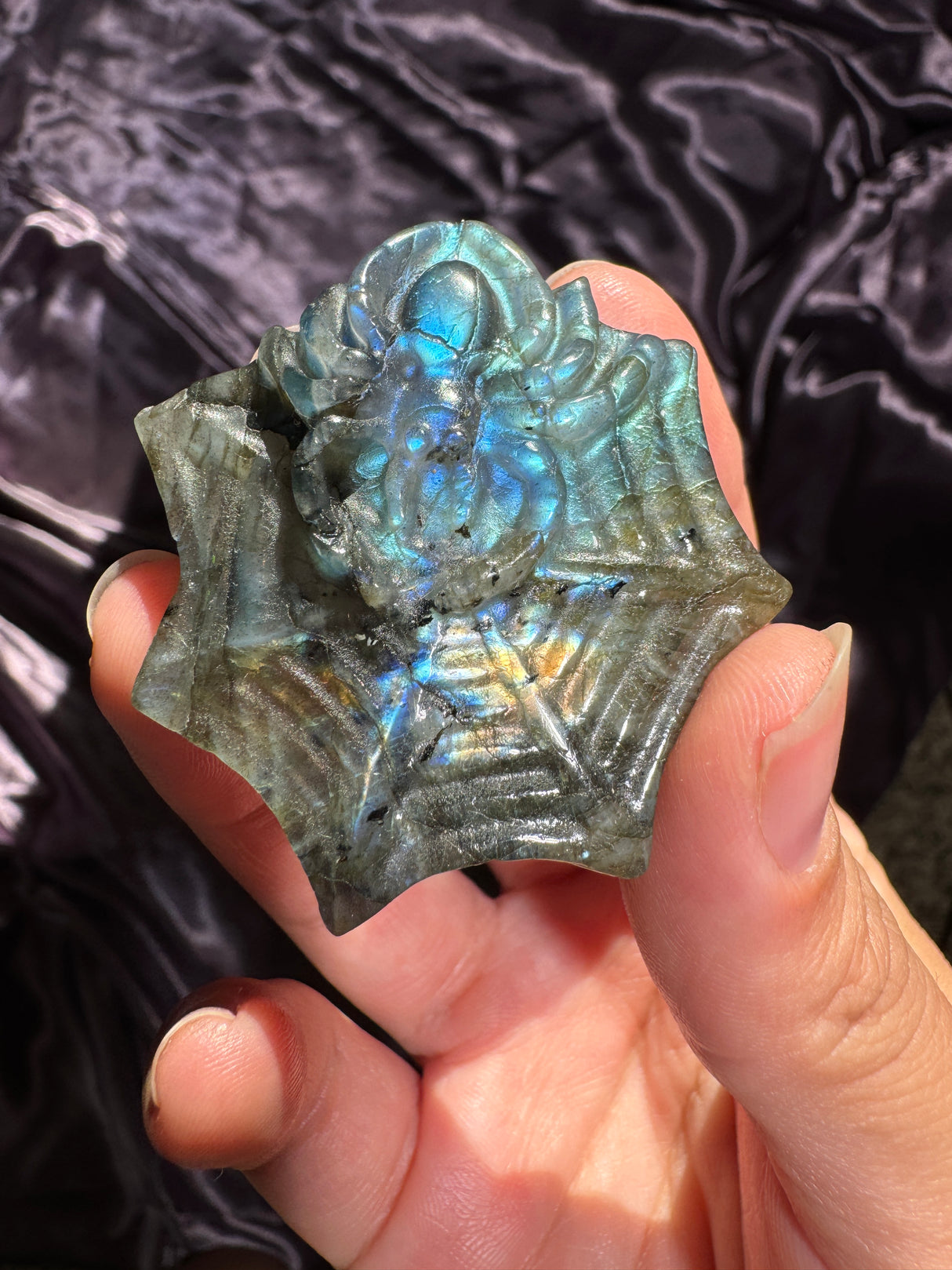 Flashy Labradorite Spider Web Carving