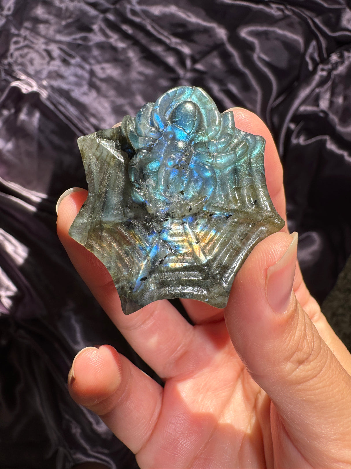 Flashy Labradorite Spider Web Carving