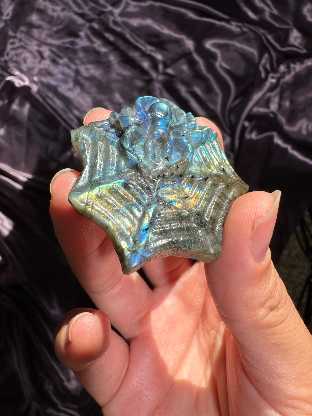 Flashy Labradorite Spider Web Carving