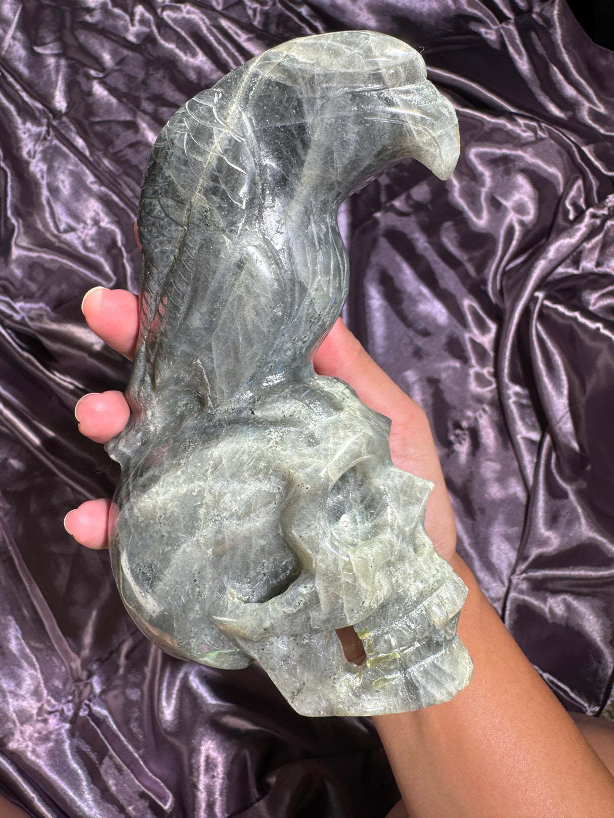 Pink Orange and Purple Flash Skull Crow Labradorite Carving