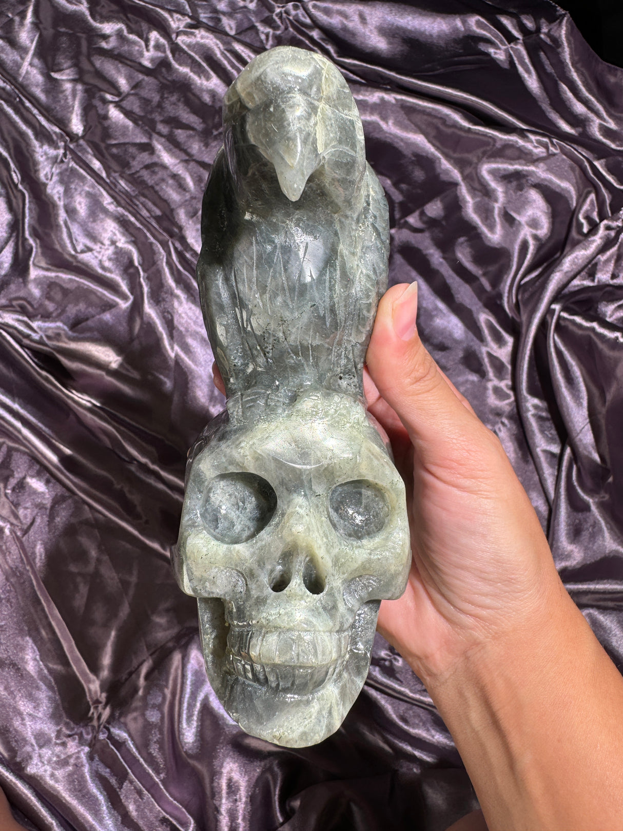 Pink Orange and Purple Flash Skull Crow Labradorite Carving