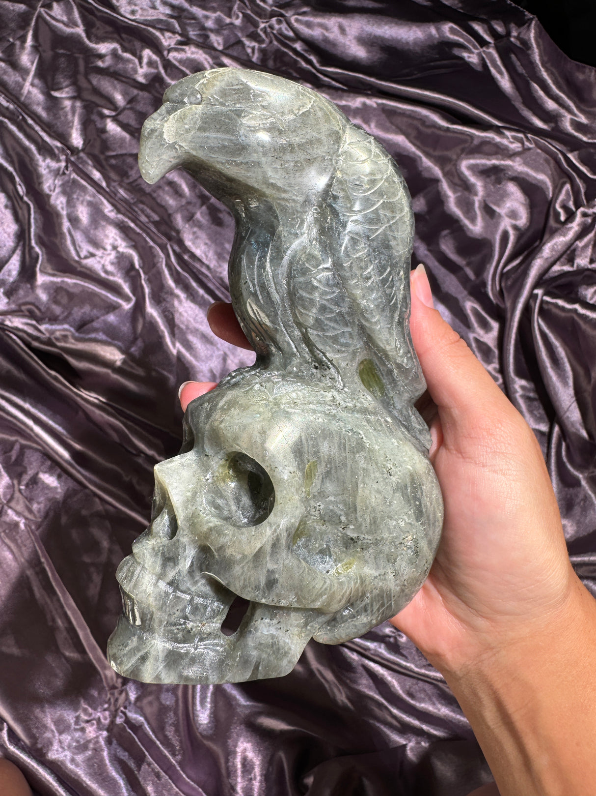 Pink Orange and Purple Flash Skull Crow Labradorite Carving