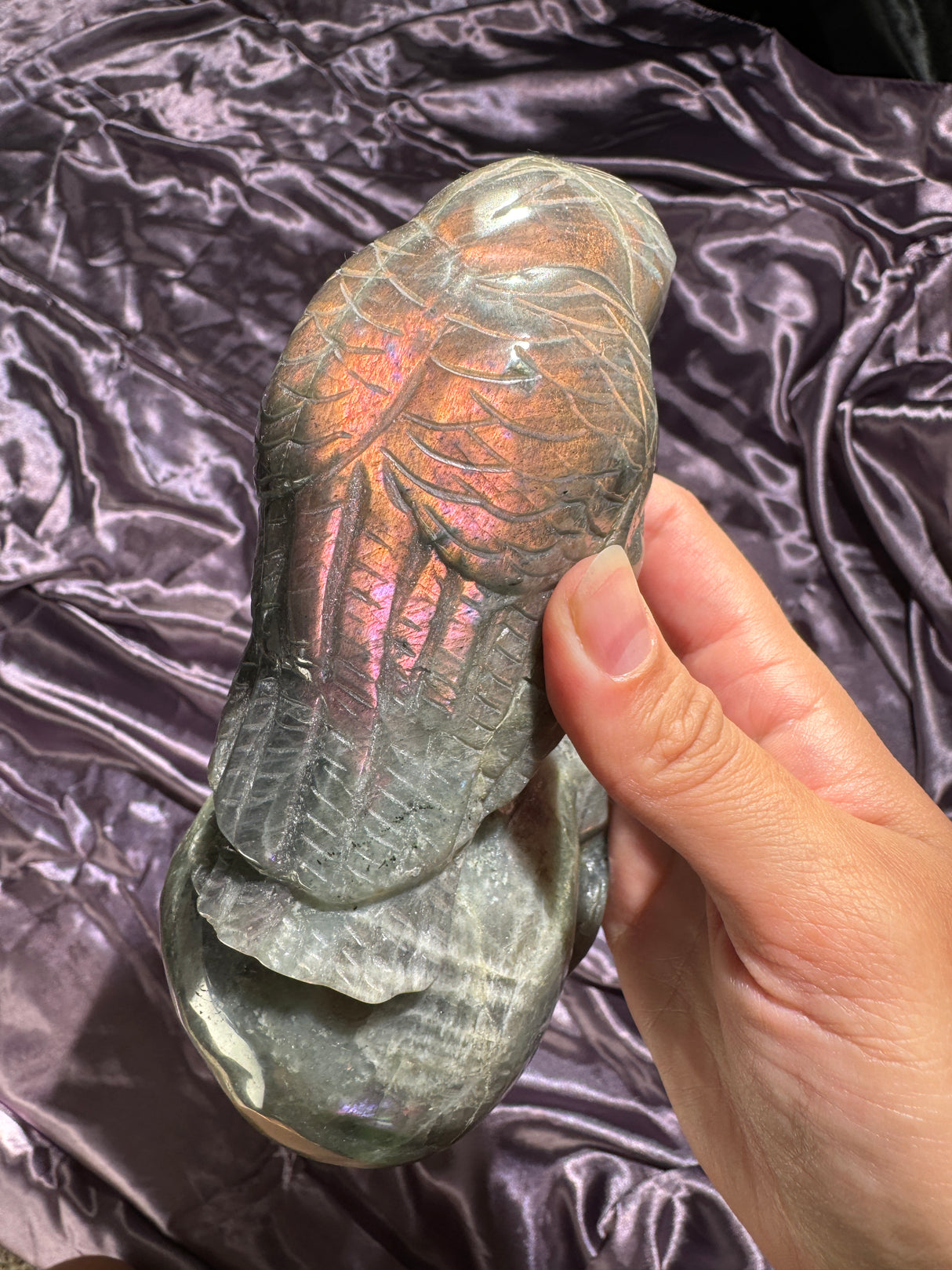 Pink Orange and Purple Flash Skull Crow Labradorite Carving