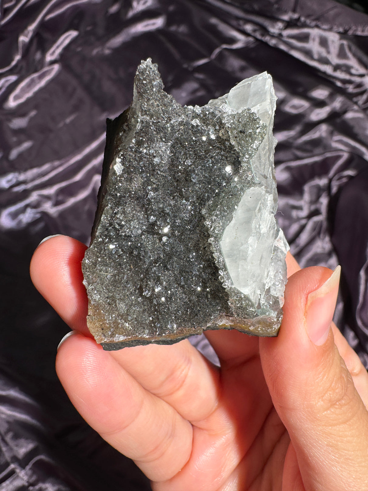 Raw Druzy Black Rainbow Amethyst Cluster with Calcite