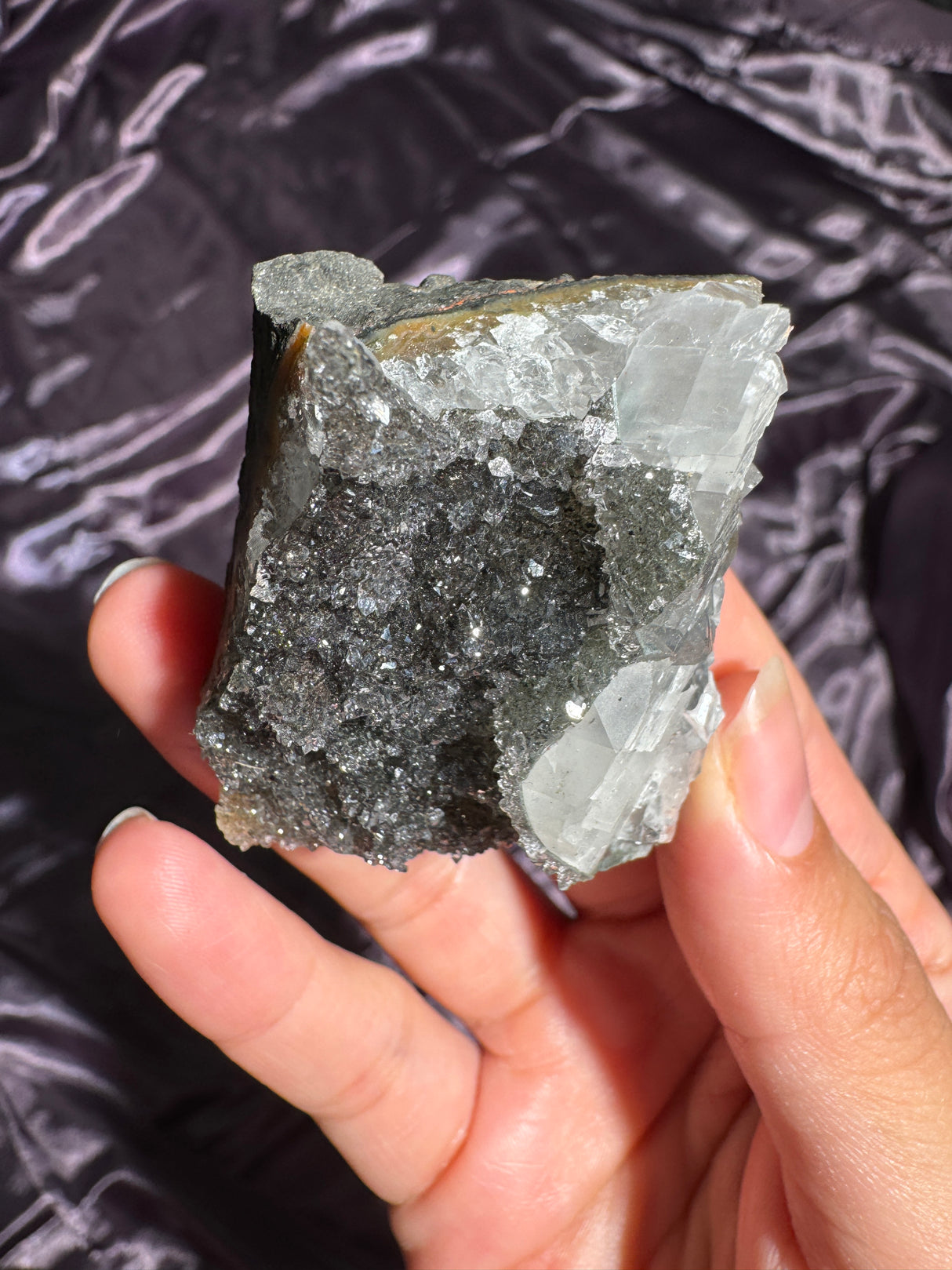 Raw Druzy Black Rainbow Amethyst Cluster with Calcite