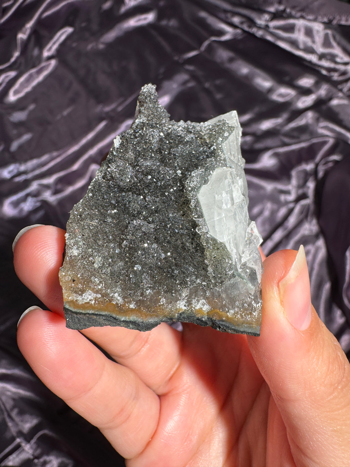 Raw Druzy Black Rainbow Amethyst Cluster with Calcite