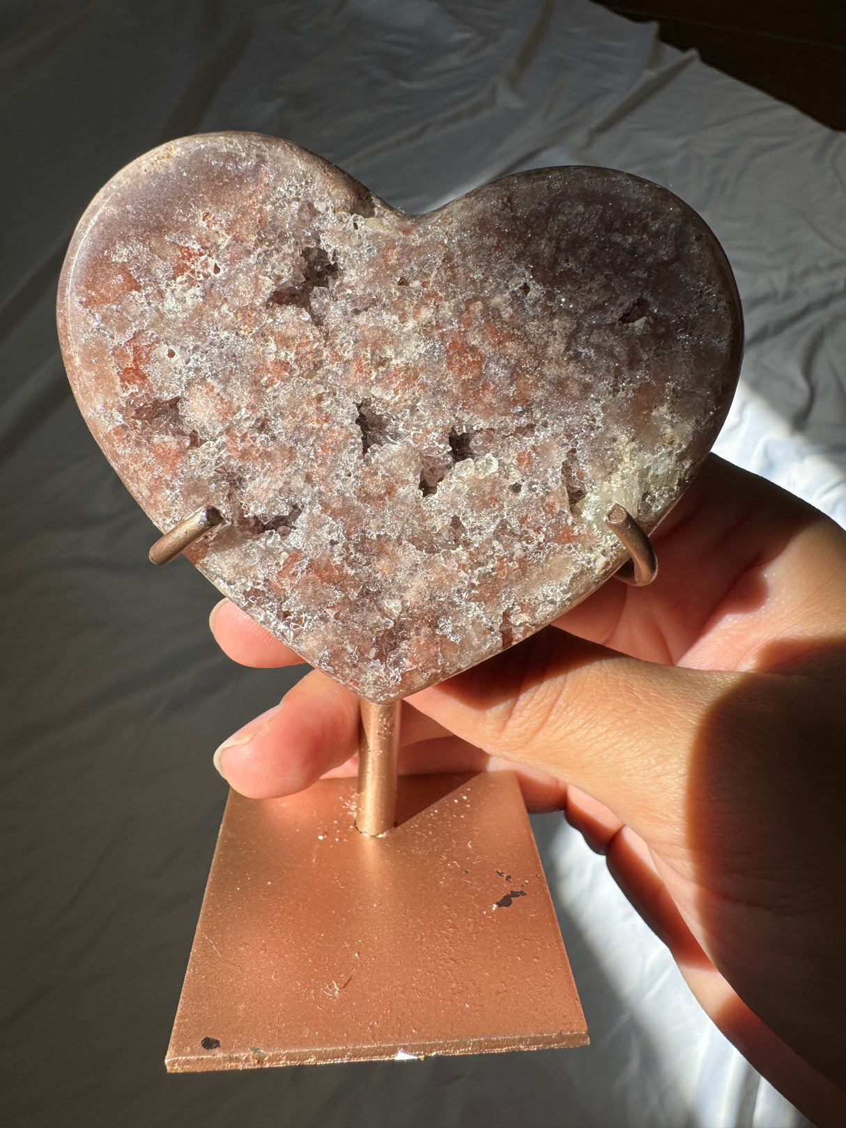 Druzy Pink Amethyst Heart on Rose Gold Stand