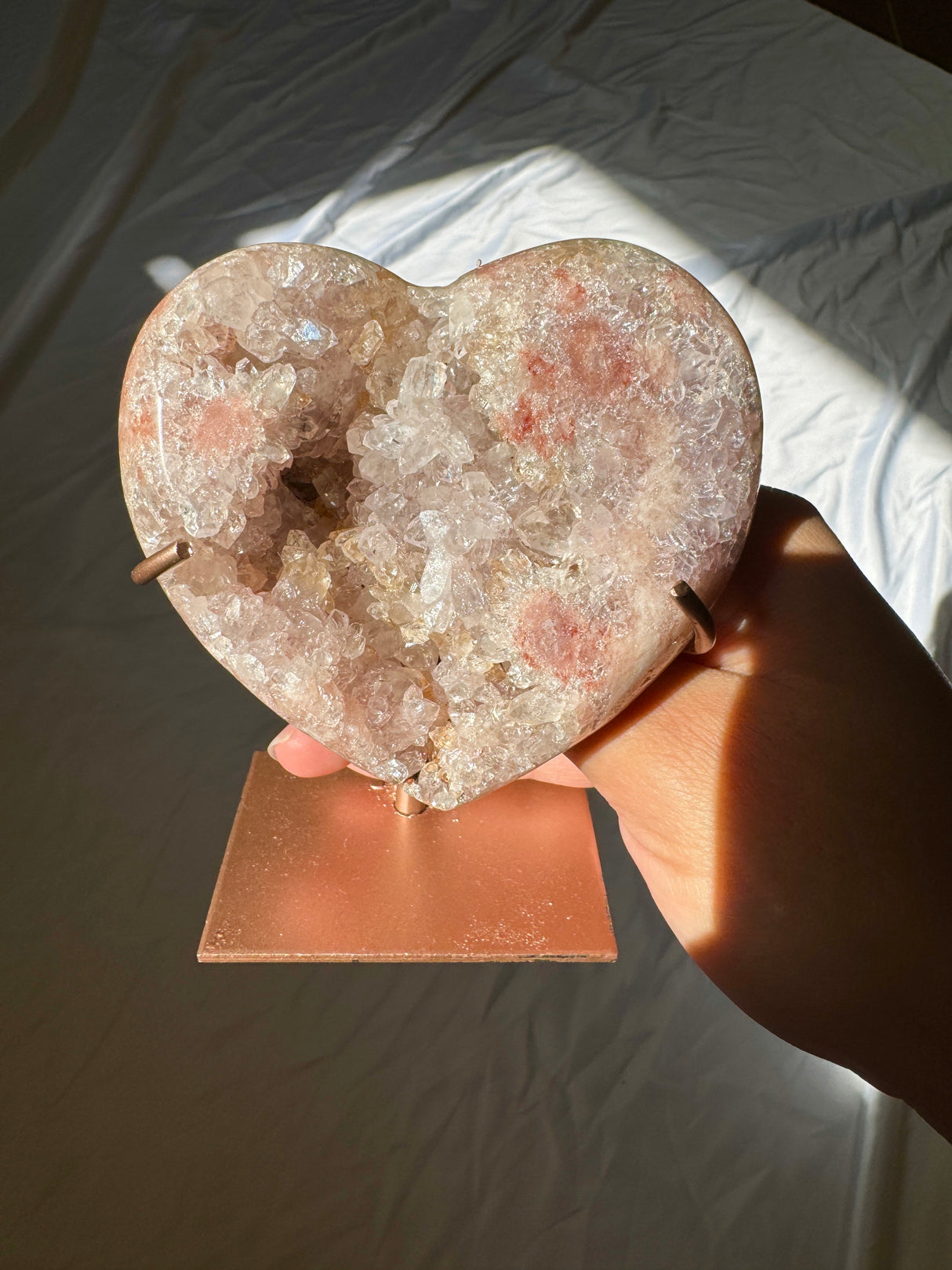 Quartzy Pink Amethyst Heart on Rose Gold Stand