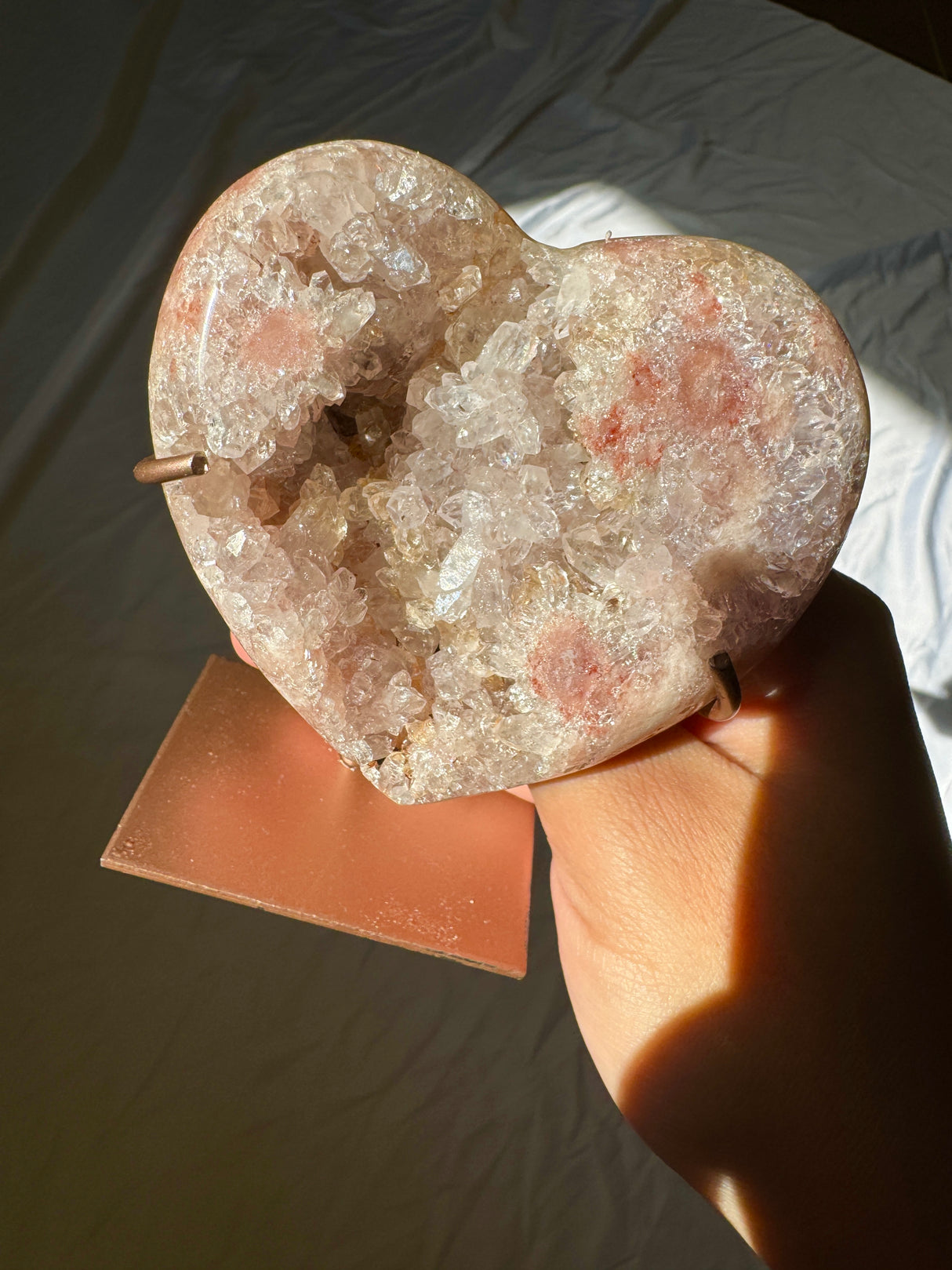 Quartzy Pink Amethyst Heart on Rose Gold Stand