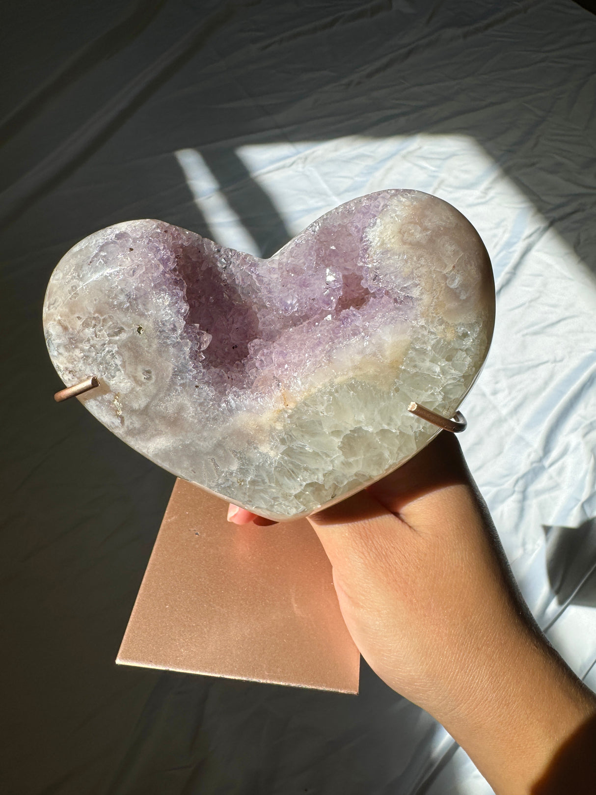 Lavender Pink Amethyst Heart on Rose Gold Stand