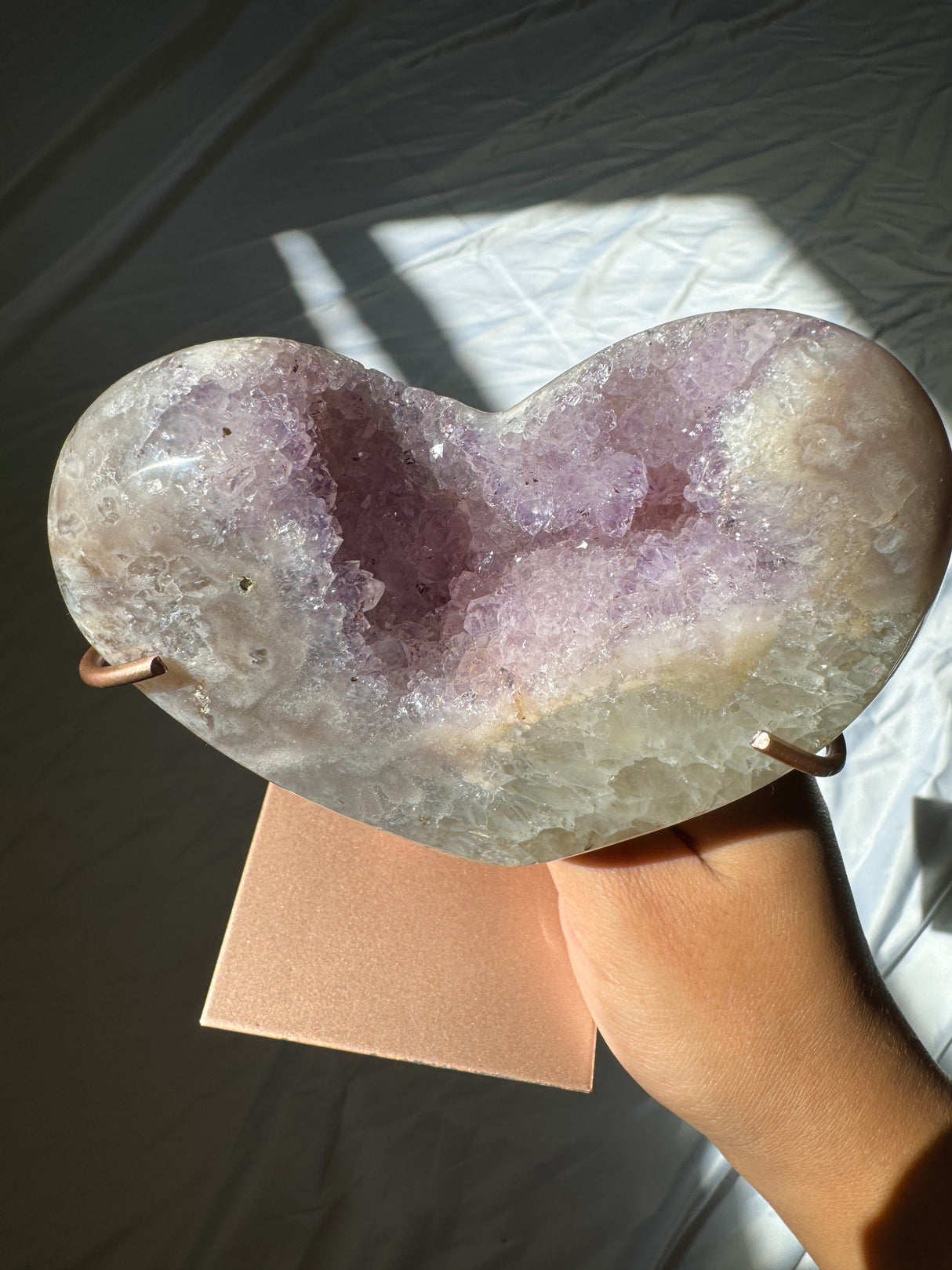 Lavender Pink Amethyst Heart on Rose Gold Stand