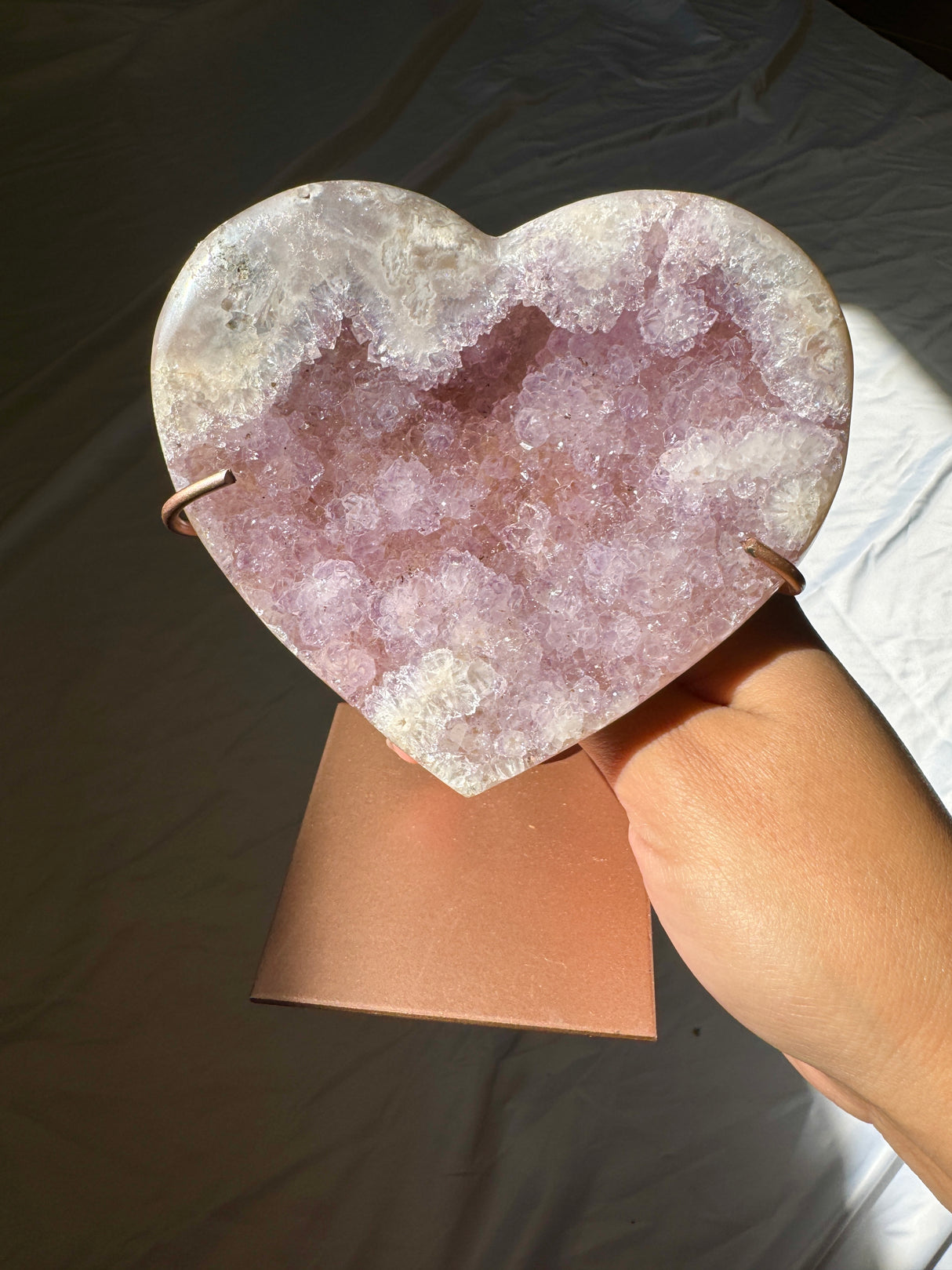 Lavender Pink Amethyst Heart on Rose Gold Stand