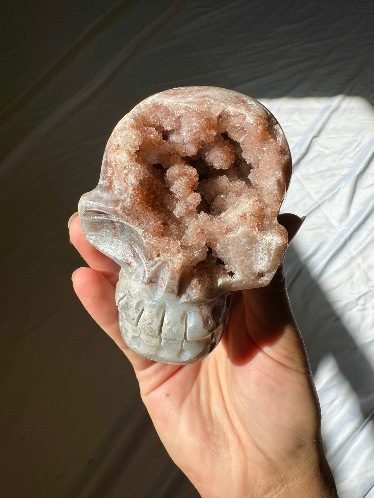 Hand Carved Druzy Pink Amethyst Skull