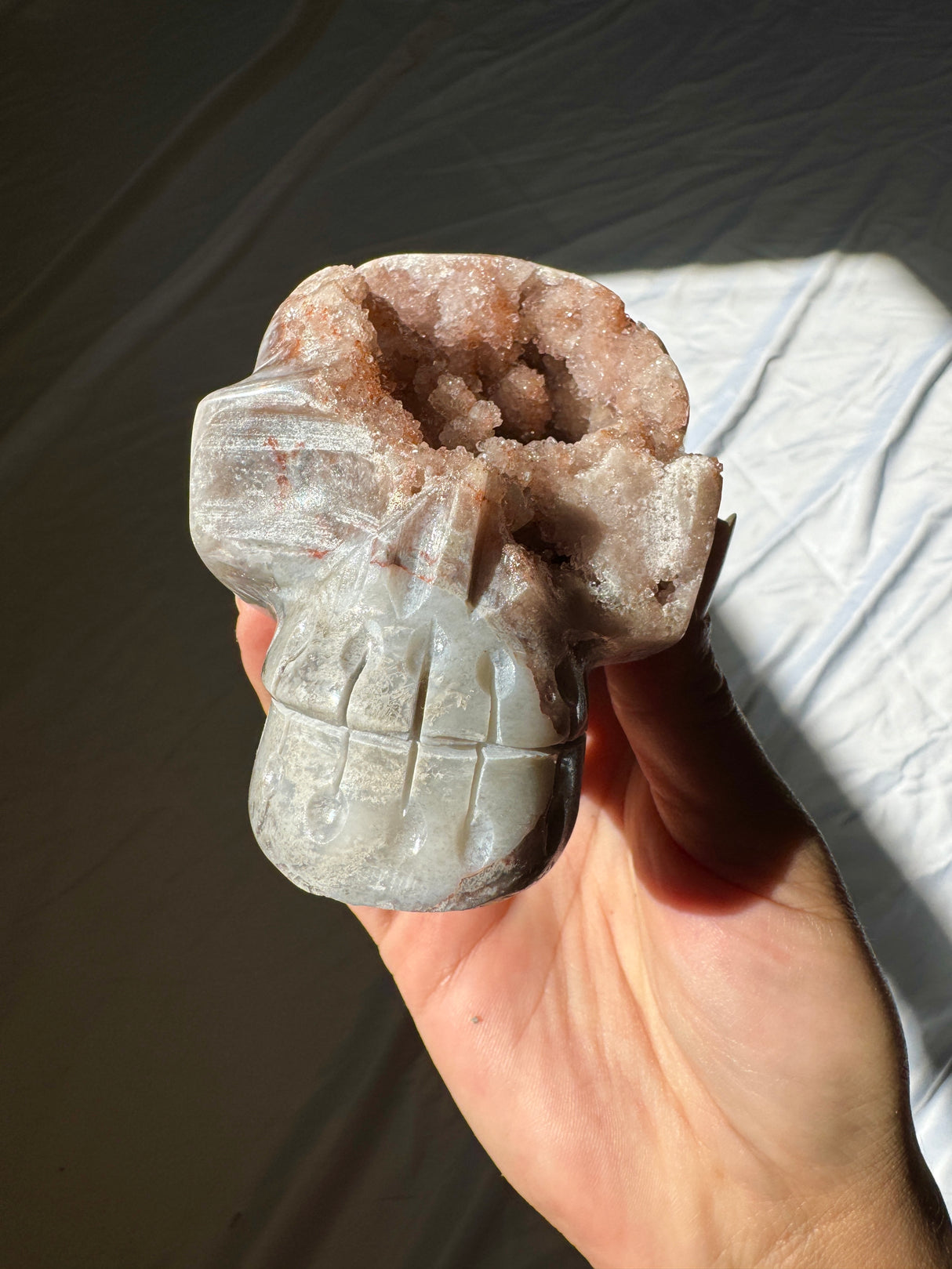 Hand Carved Druzy Pink Amethyst Skull