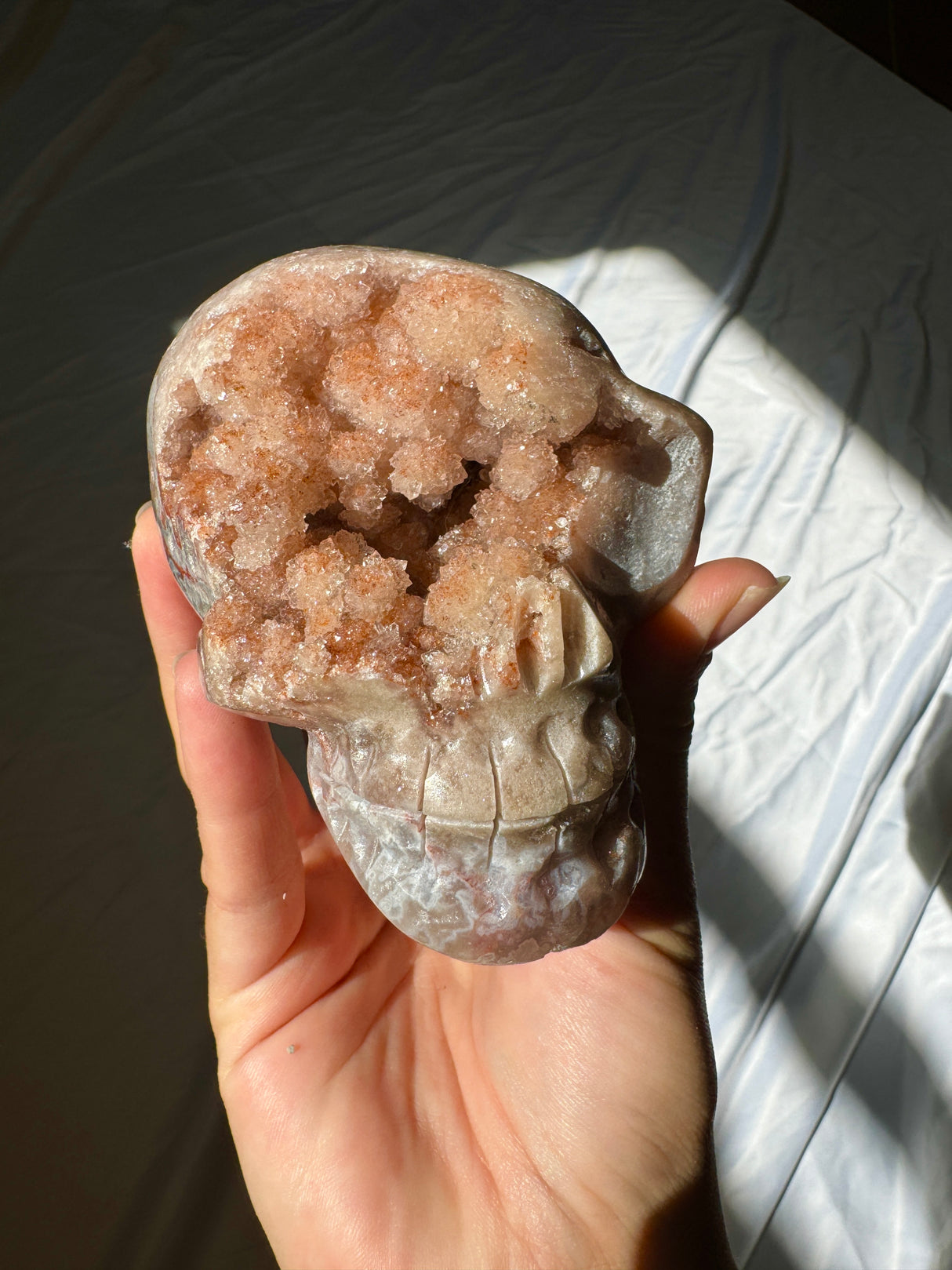 Hand Carved Druzy Pink Amethyst Skull
