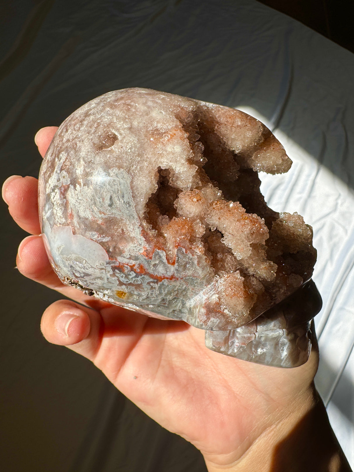 Hand Carved Druzy Pink Amethyst Skull