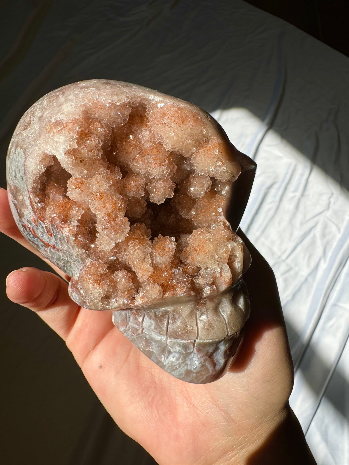 Hand Carved Druzy Pink Amethyst Skull