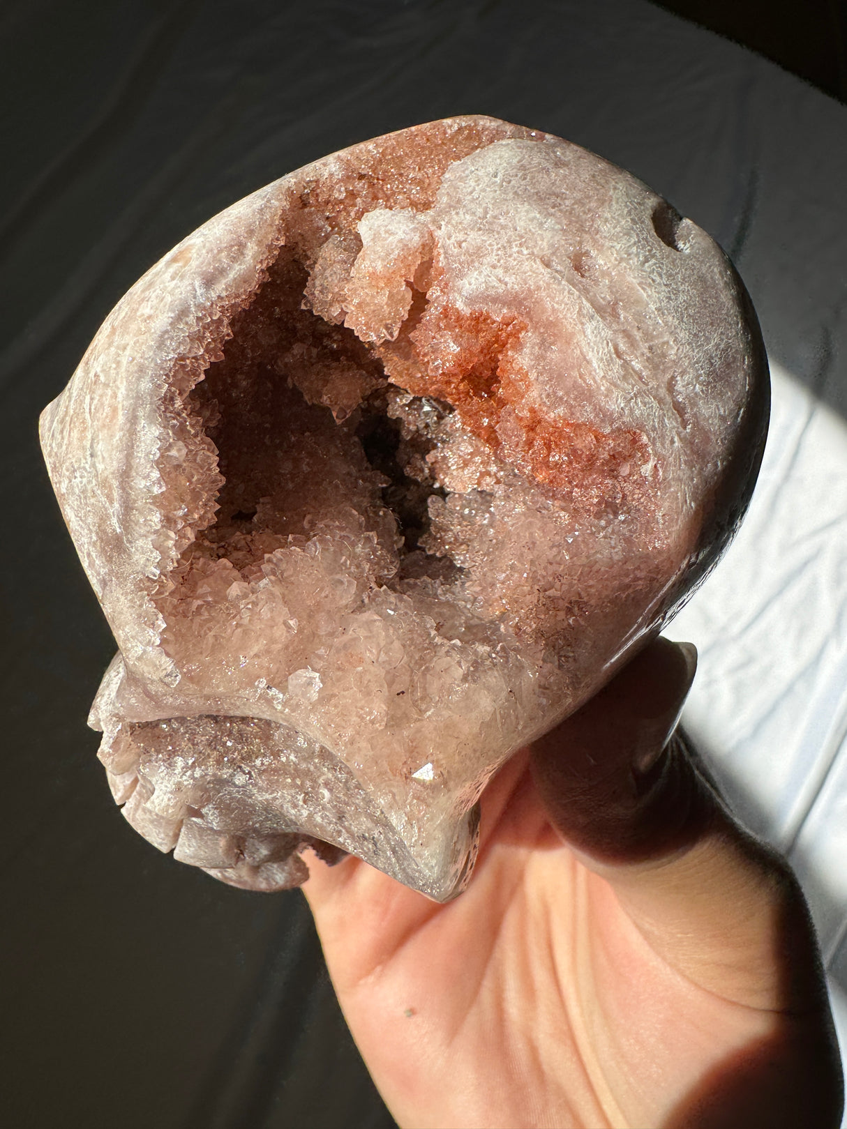 Hand Carved Druzy Pink Amethyst Skull