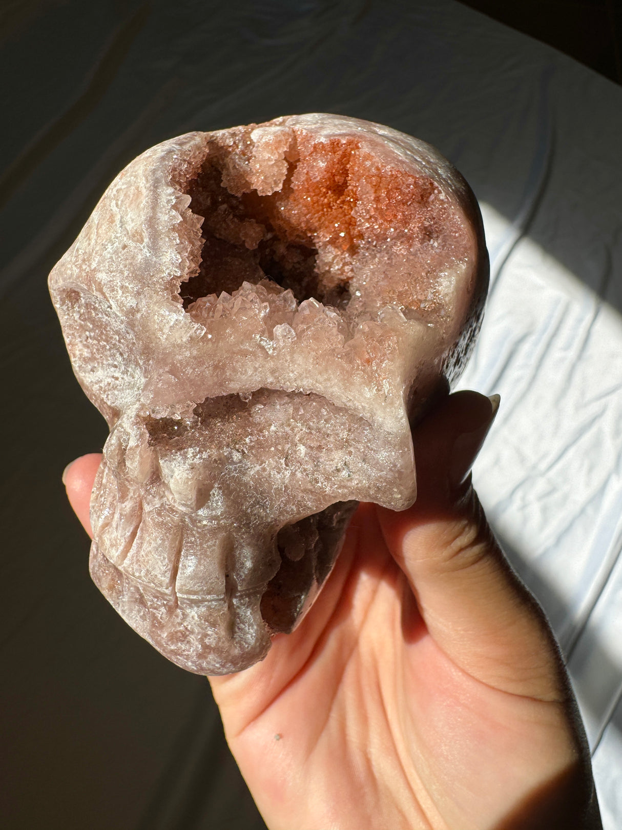 Hand Carved Druzy Pink Amethyst Skull