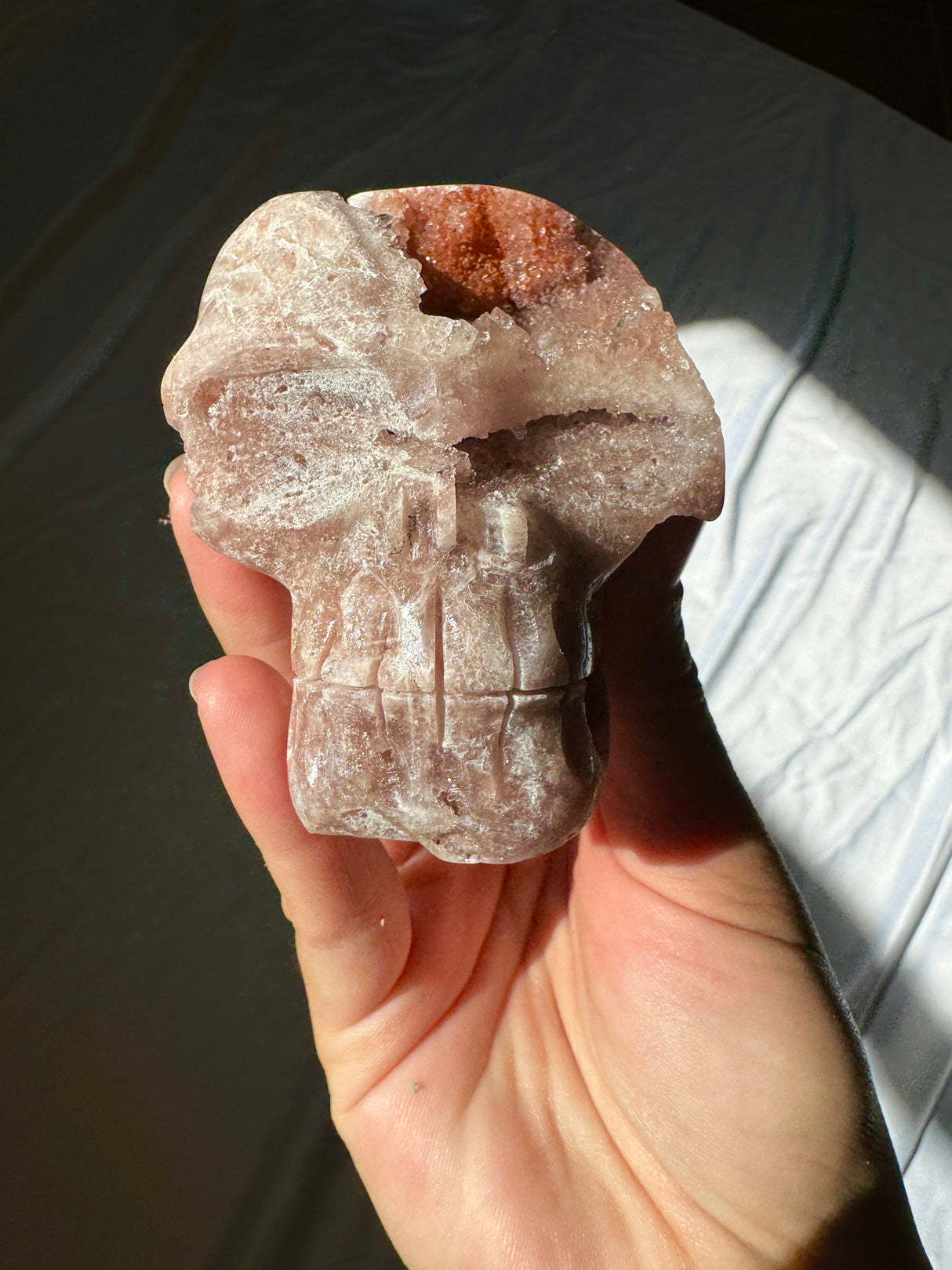 Hand Carved Druzy Pink Amethyst Skull