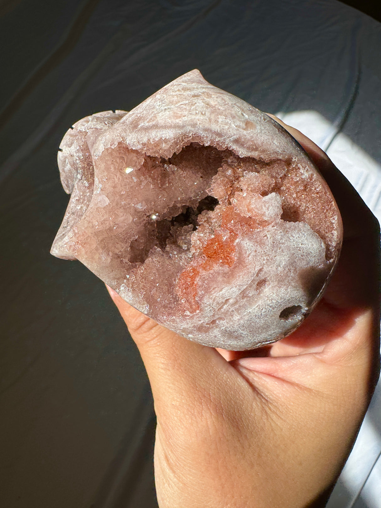 Hand Carved Druzy Pink Amethyst Skull