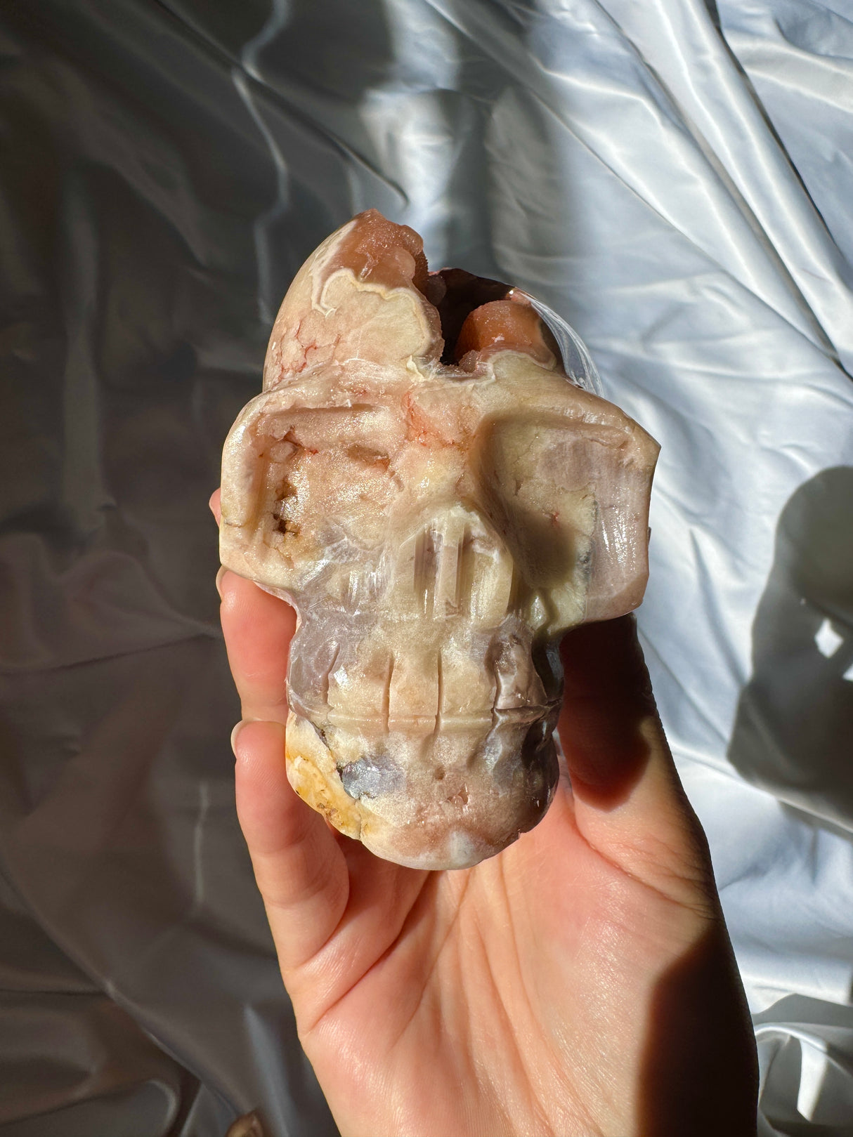 Hand Carved Druzy Pink Amethyst x Flower Agate Skull