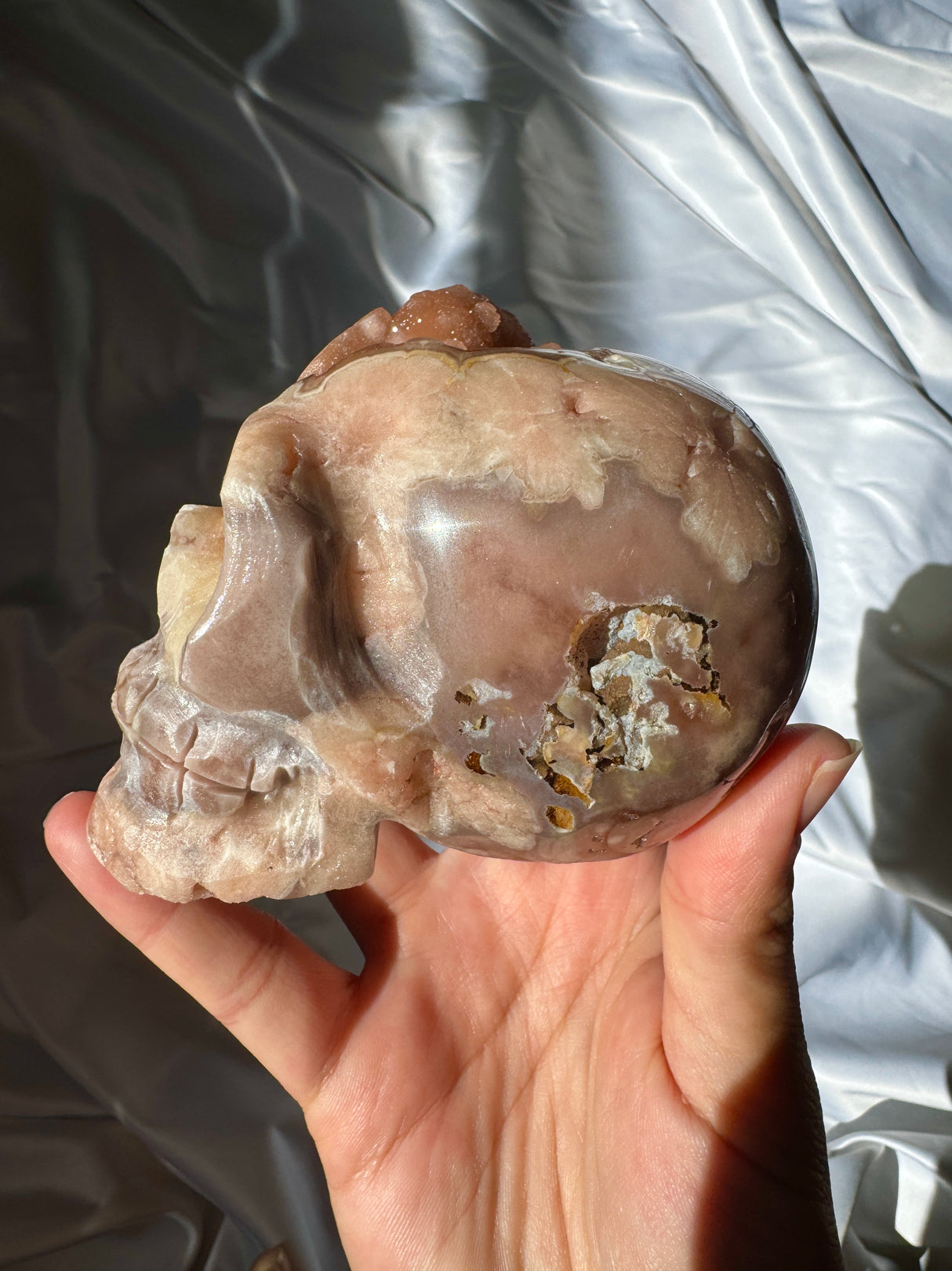 Hand Carved Druzy Pink Amethyst x Flower Agate Skull