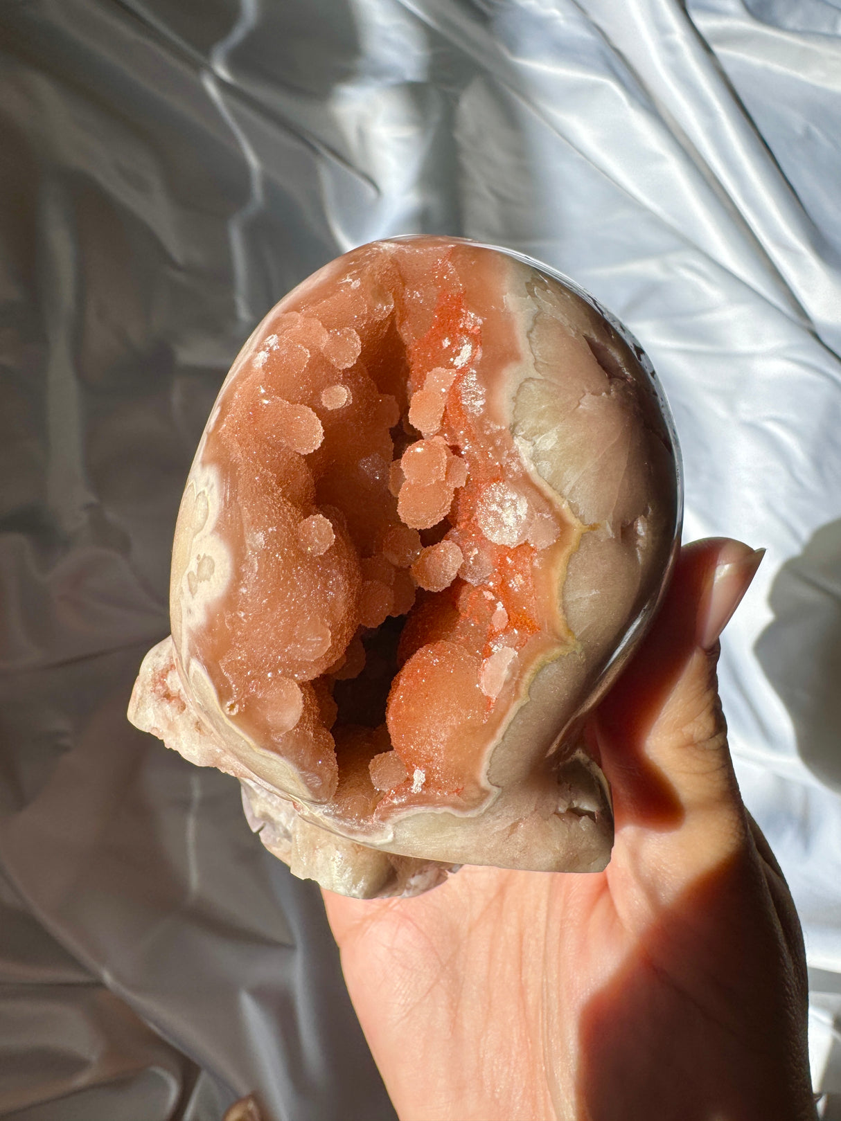 Hand Carved Druzy Pink Amethyst x Flower Agate Skull