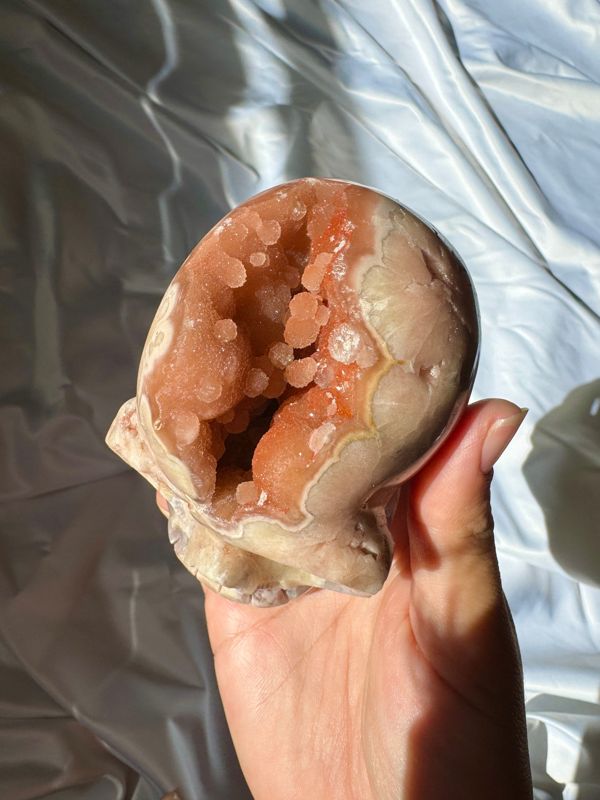 Hand Carved Druzy Pink Amethyst x Flower Agate Skull