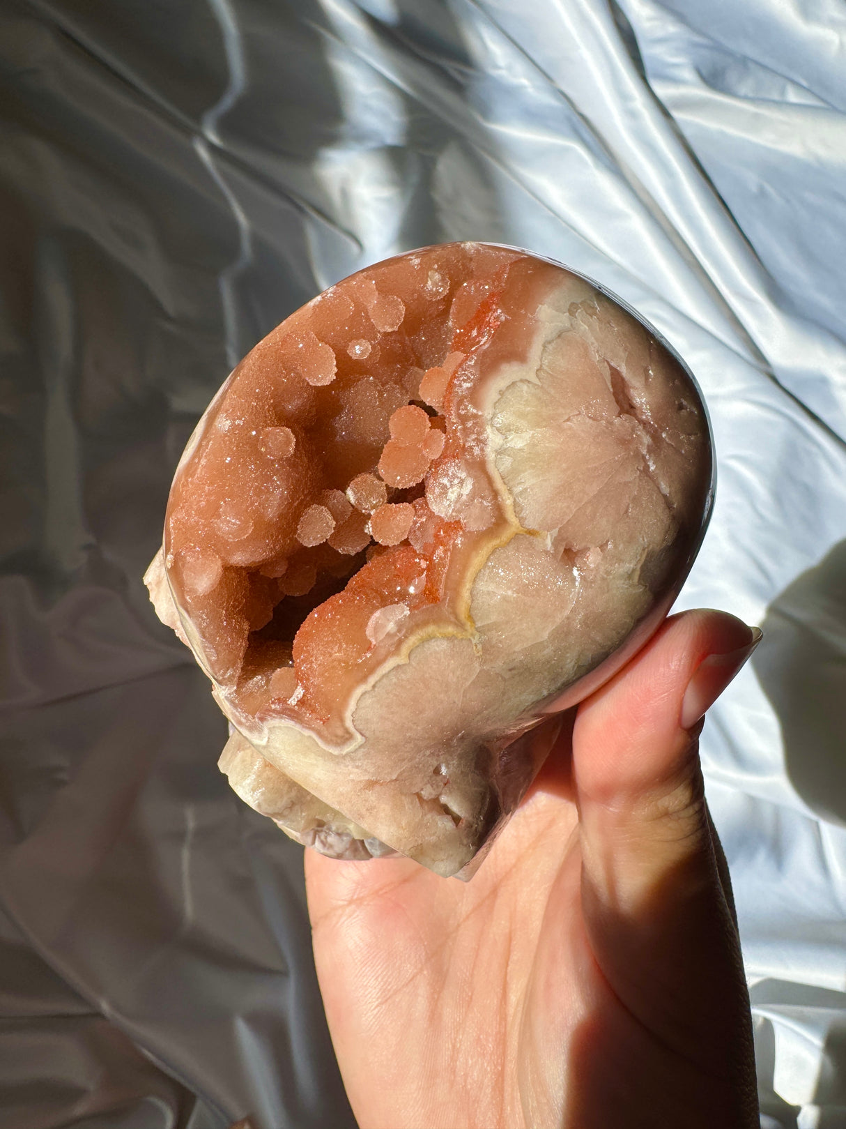 Hand Carved Druzy Pink Amethyst x Flower Agate Skull