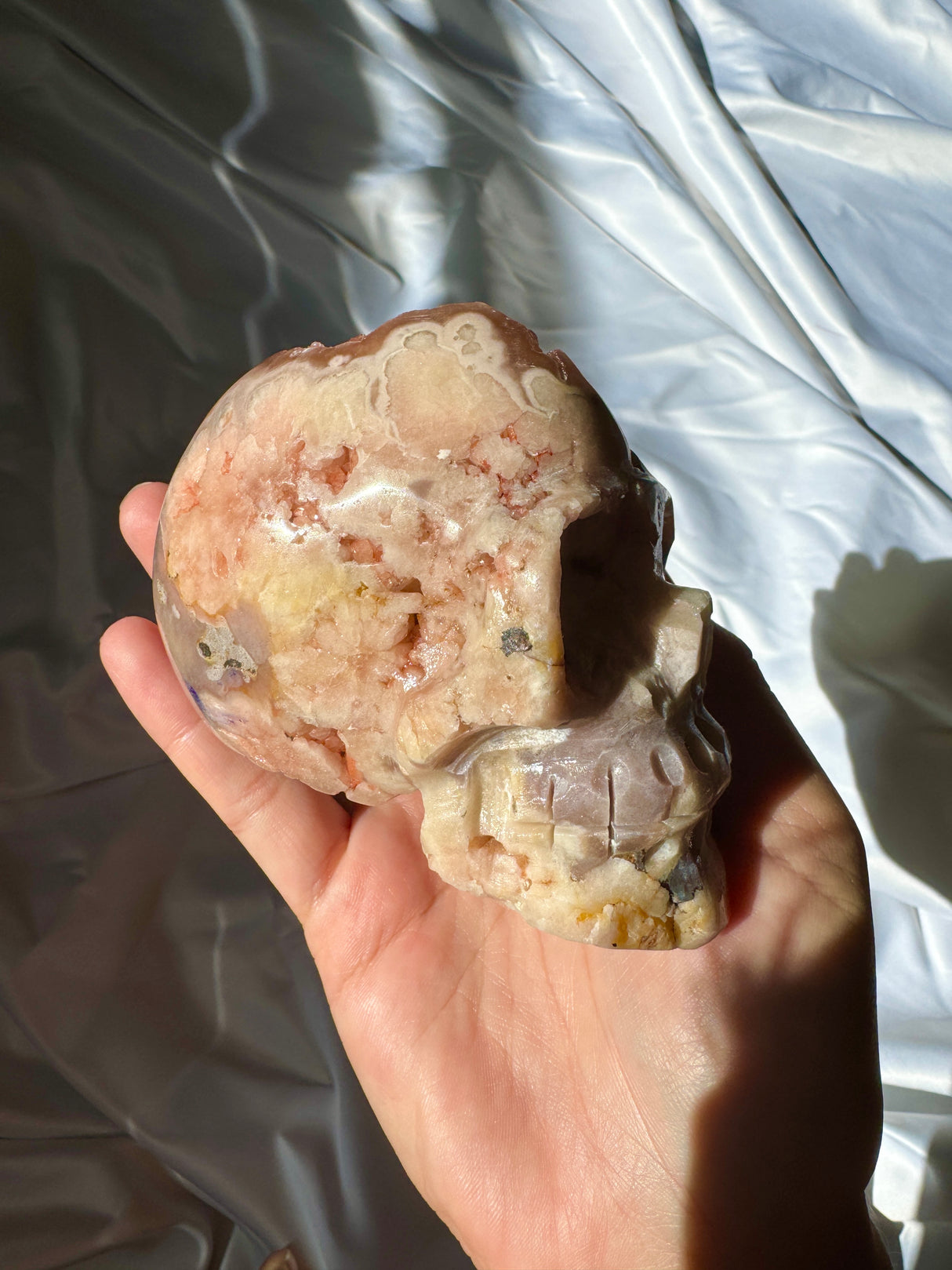 Hand Carved Druzy Pink Amethyst x Flower Agate Skull