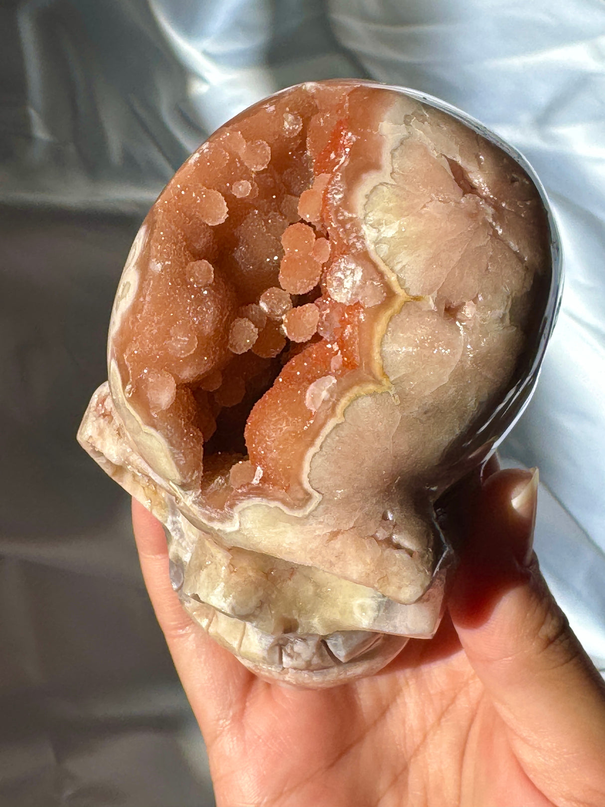 Hand Carved Druzy Pink Amethyst x Flower Agate Skull