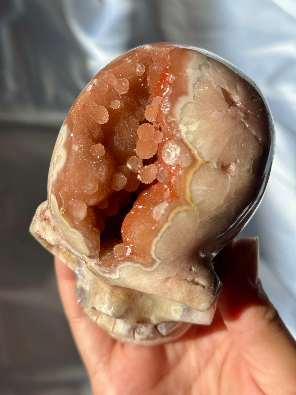 Hand Carved Druzy Pink Amethyst x Flower Agate Skull