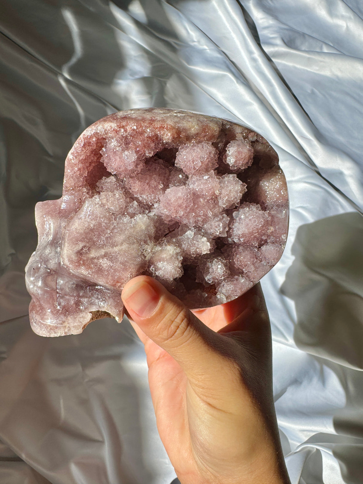 Hand Carved Druzy Pink Amethyst Skull