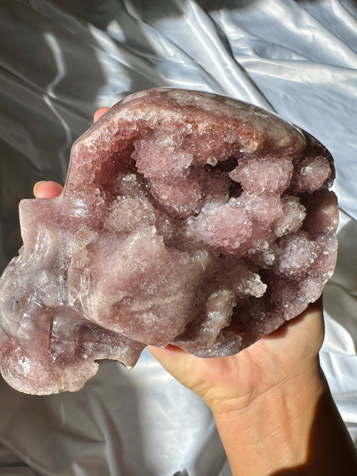 Hand Carved Druzy Pink Amethyst Skull