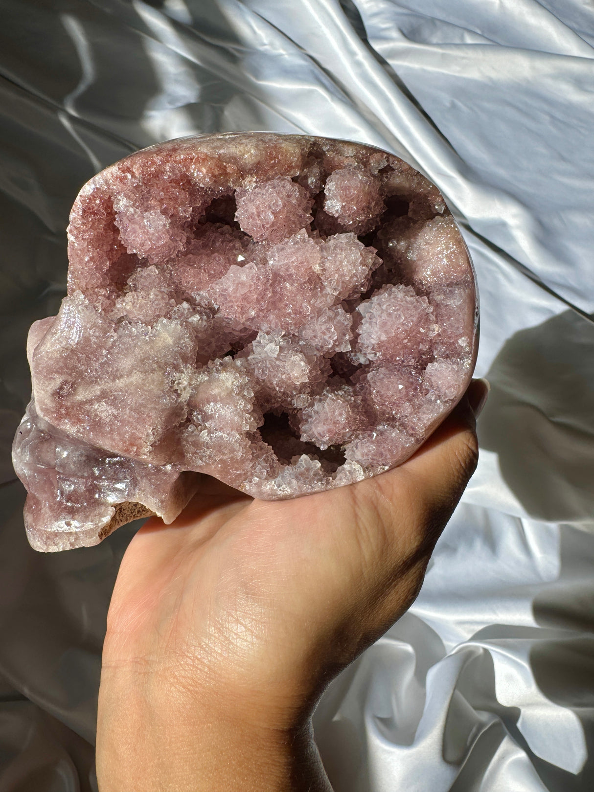 Hand Carved Druzy Pink Amethyst Skull