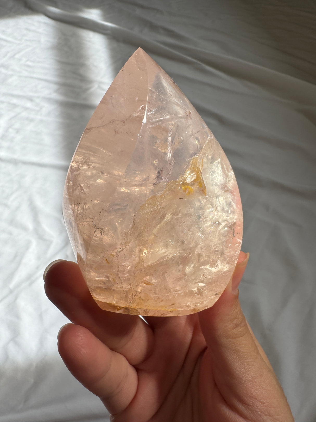 Gemmy Rose Quartz Flame with Golden Healer